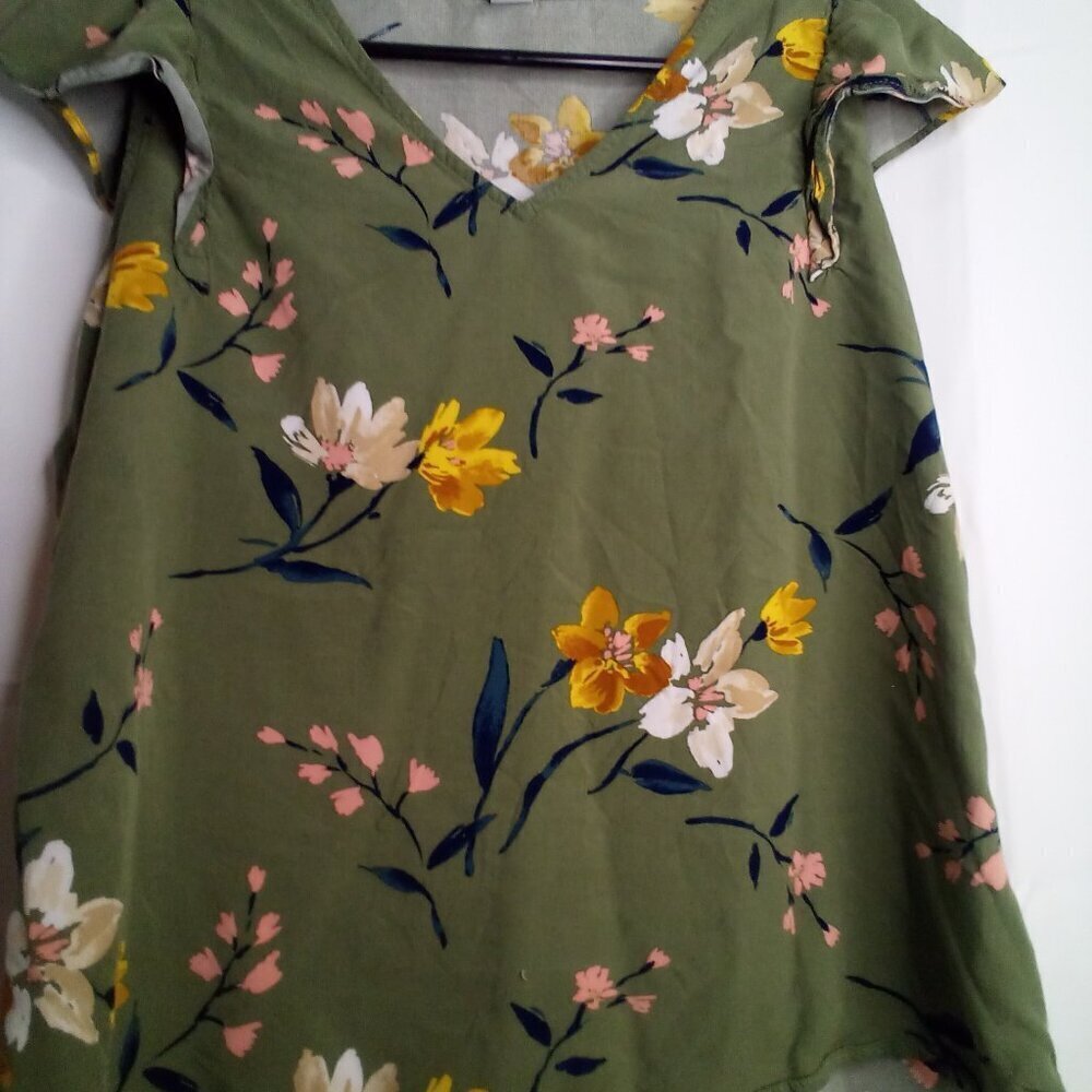 Old Navy Shirt Blouse Women S Short Sleeve Tropical Floral Green - Picture 6 of 14